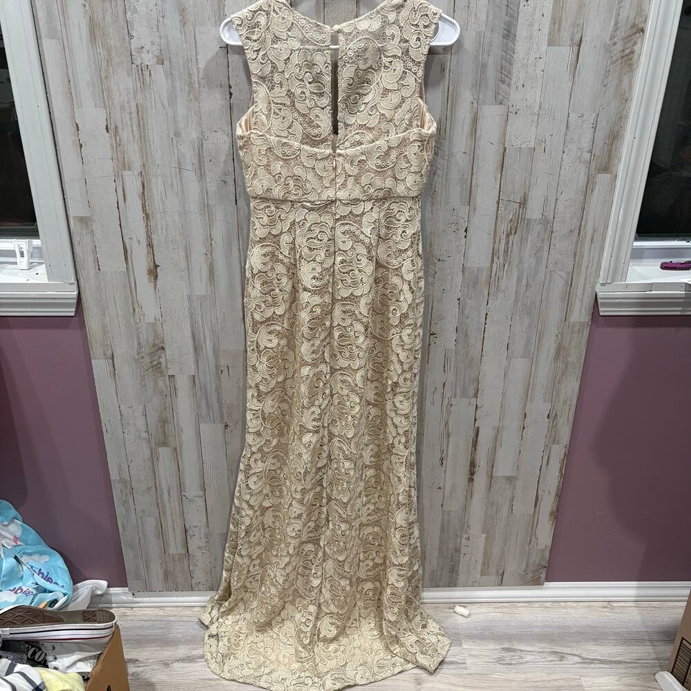 Aidan Mattox Champagne V Neck Lace Mid Slit Dress Maxi Formal Wedding Guest 4 - Picture 4 of 9